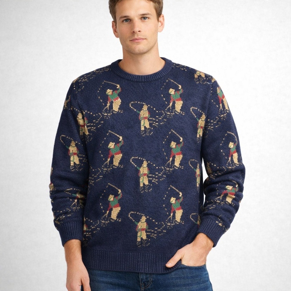 Neiman Marcus Men's Navy Fishing Graphic Knit Crewneck Sweater Made USA Size L